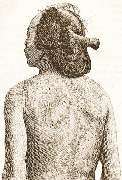 homem com tatuagens tradicionais japonesas Irezumi, c.1880 de Japanese School