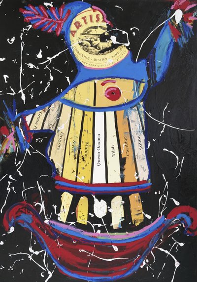 Cheese Dancer, 2016 (técnica mista sobre papel para aguarela montado num painel com receita no verso) de Jay Batlle