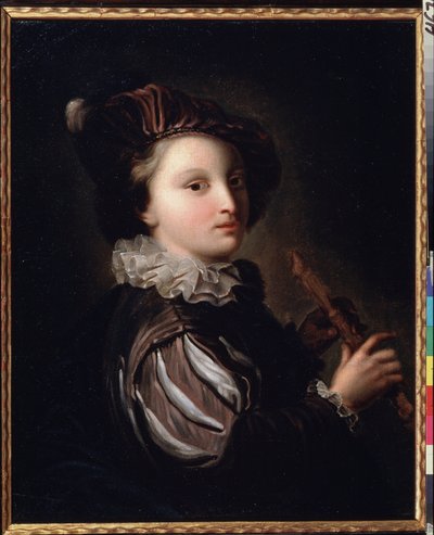 ""A página jovem com um Mirliton"" (página com um tubo de junco) pintura por Jean Alexis Grimou (1678-1733) século 18. Rococó. Óleo sobre tela. Museu Pushkin Moscou de Jean Alexis Grimou