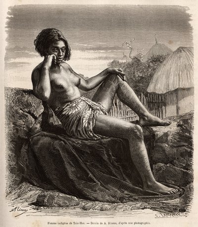 Mulher nativa de Taio-Hae (ou Taio Hae), no arquipélago dos Marqueses, mostrando as suas pernas tatuadas, gravada após um desenho de A.Rixens ilustrando as memórias do Pacífico, em 1872-1874, por A.Pailhes, um cartaz de navio, publicado em "Le t de Jean Andre Rixens