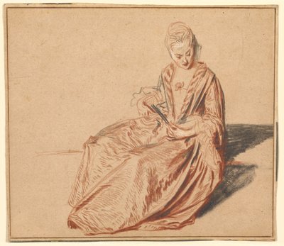 Mulher sentada com um leque de Jean-Antoine Watteau