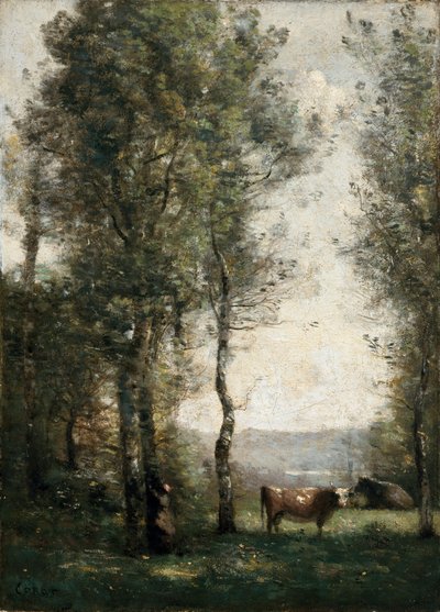 Paisagem arborizada com vacas em uma clareira de Jean-Baptiste-Camille Corot