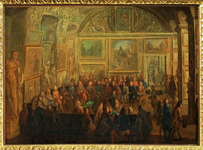 Vista do Salão de Diane no Louvre; uma sessão da Academia de Pintura ... de Jean Baptiste (after) Martin