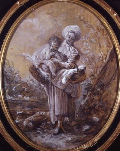 Mulher com Criança na Paisagem do Campo (desenho) de Jean Baptiste Huet