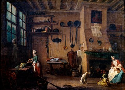 Interior da cozinha no século XVIII. Um cozinheiro prepara uma refeição. No fundo vemos os utensílios de cozinha pendurados ao longo da parede. Pintura de Jean Baptiste Lallemand (1710-1803) Dijon do século XVIII, Museu de Belas Artes de Jean Baptiste Lallemand