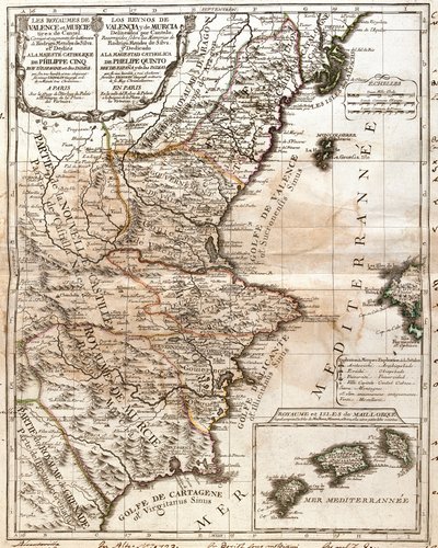 Mapa do Reino de Valência e Múrcia (Espanha) (Gravura de Jean Baptiste Nolin