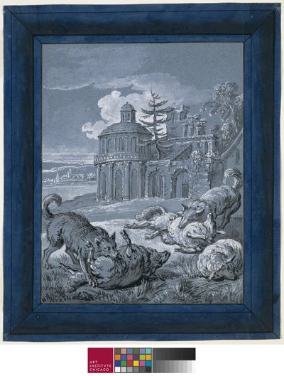 Wolves Attacking Sheep (Rein de Trop II) 1732 (caneta e tinta com aguado e guache sobre papel) de Jean Baptiste Oudry