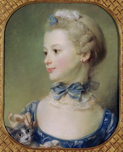 Rapariga com um gato (pastel em pergaminho) de Jean Baptiste Perronneau