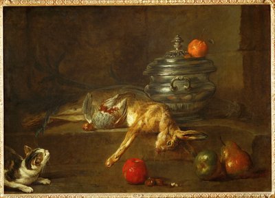 Gato a olhar para uma perdiz e uma lebre mortas, atiradas para junto de um pote de óleo (pintura sobre tela) de Jean-Baptiste Simeon Chardin