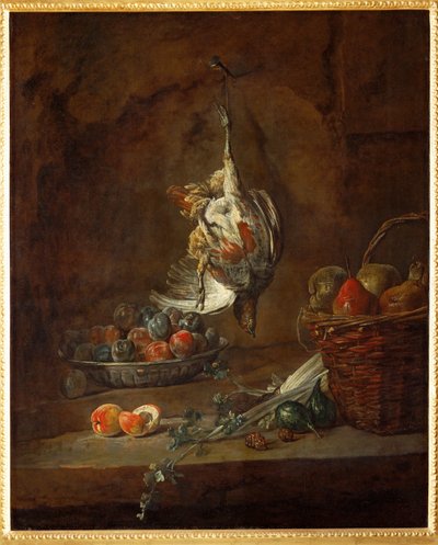 Perdiz morta pendurada numa perna, taça com ameixas secas e cesto com pêras (pintura sobre tela) de Jean-Baptiste Simeon Chardin
