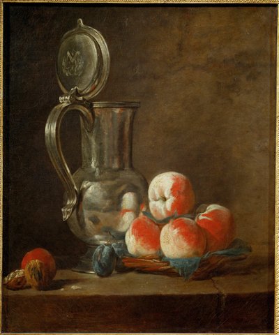 Pote de estanho com prato de pêssegos, ameixas secas e nozes (pintura sobre tela) de Jean-Baptiste Simeon Chardin