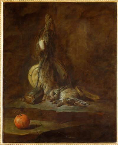 Duas lebres mortas com saco de caça, frasco de pólvora e laranja (pintura sobre tela) de Jean-Baptiste Simeon Chardin