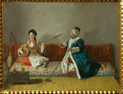 O Sr. Levett e a Sra. Glavany em traje turco ... de Jean Etienne (attr.to) Liotard