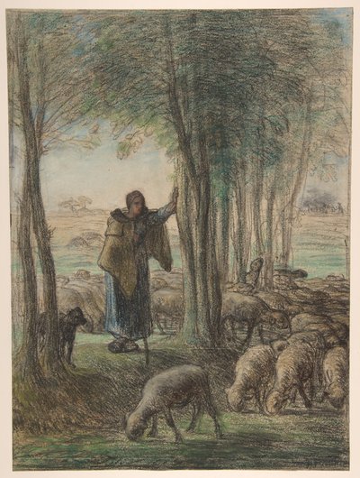 Uma pastora e o seu rebanho à sombra das árvores de Jean-Francois Millet