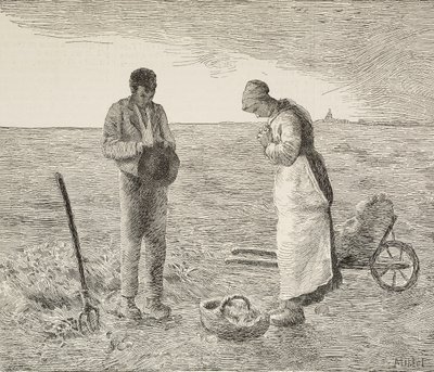 Angelus, casal de agricultores nos campos, gravura da pintura de Jean-François Millet (1814-1875), pintor francês, da L