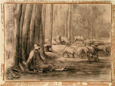 O lugar da bebida na floresta (giz preto sobre papel) de Jean Francois Millet