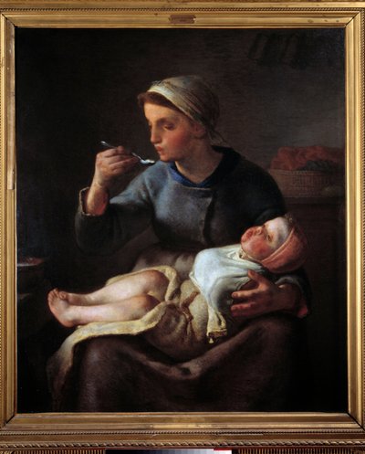 Mulher a fazer o seu filho comer. Pintura de Jean Francois Millet (1814-1875) de Jean Francois Millet