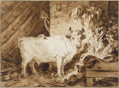 Touro branco e um cão em um estábulo de Jean Honore Fragonard