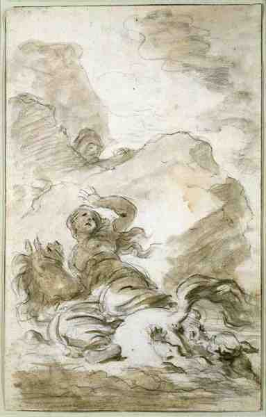 Angélica chega à costa onde o Eremita está à espera (giz, caneta, tinta e lavagem em papel) de Jean Honore Fragonard