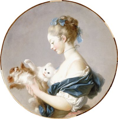 Menina brincando com um cachorro e um gato de Jean Honore Fragonard