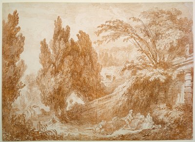 Paisagem de parque com alegre companhia de Jean-Honore Fragonard