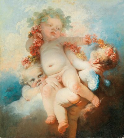 Três putti coroados de flores (óleo sobre tela) de Jean Honore Fragonard