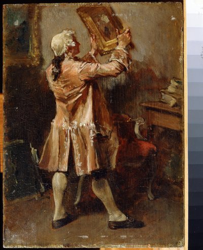 Um amante da pintura. (Um amante da pintura). Pintura de Ernest Jean Louis Meissonier (1815-1891). Óleo sobre madeira, Arte francesa. Museu Regional de Arte, Chernigov de Jean Louis Ernest Meissonier