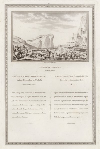 Captura do forte de Gawilghur pelos britânicos sob o comando de Arthur Wellesley, Segunda Guerra Anglo-Marashtra, Índia de Jean (after) Duplessi Bertaux