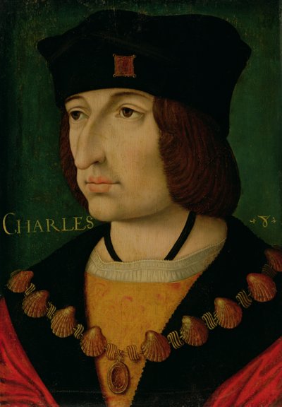 Retrato de Carlos VIII (1470-98) Rei de França (óleo sobre painel) (ver também 191337) de Jean (attr.to) Bourdichon