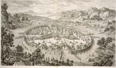 Tchao-Hoei ocupa suas tropas com Exercícios e Jogos Militares em 1758, placa 5 de uma série de gravuras representando as conquistas de Qianlong, o Imperador da China, gravadas por Pierre Philippe Choffard (1730-1809) 1772 (gravura) de Jean (d.1781) (after) Damascene