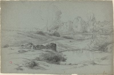 Um prado rochoso por um rio de Jean Achille Benouville