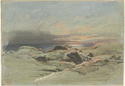 Pôr do sol de um litoral rochoso de Jean Achille Benouville