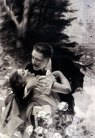 Cena de sedução. Gravura de André Castaigne. 1922. de Jean Alexandre Michel Andre Castaigne