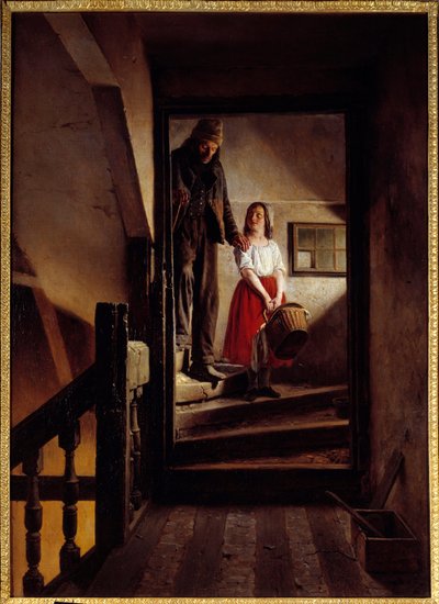 O pau de velhice Uma menina a ajudar um velhote a descer uma escada. Pintura de Jean Alphonse Roehn (1799-1864) 1852 Rouen, Musee des Beaux Arts de Jean Alphonse Roehn