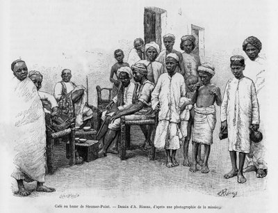 Café no Steamer Point Bazaar, Aden, Iémen. Gravura de A. Rixens para ilustrar a história A Suse, journal des excavilles de Jean Andre Rixens