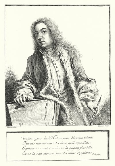 Auto-retrato do artista francês Antoine Watteau (gravura) de Jean Antoine (after) Watteau