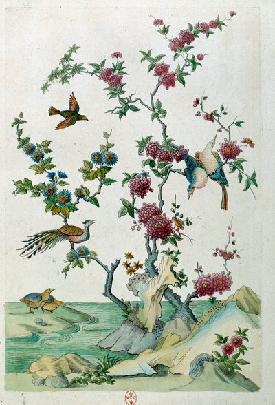 Desenho a partir de uma jarra chinesa: pássaros e flores. Pintura de Jean Antoine Fraisse (século XVIII) de Jean Antoine Fraisse