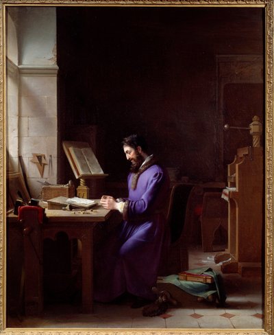 Johannes Gensfleisch Gutenberg (1400-1468) inventando a impressora O impressor alemão é um representante que lida com caracteres no seu escritório. Pintura de Jean Antoine Laurent (1763-1832) 1830 Grenoble, Musee des Beaux Arts de Jean Antoine Laurent