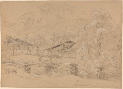 An Alpine Village in Summertime (giz preto e grafite realçados com giz branco sobre papel castanho) de Jean Antoine Linck