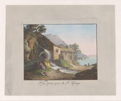 Moinho de água à beira do Lago Genebra Vue Prize prés de St Gingo (título no objeto) de Jean Antoine Linck