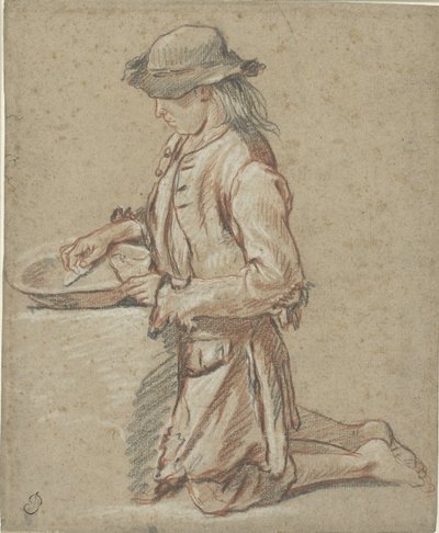 Rapaz com chapéu de feltro por um caixote do lixo de Jean Antoine Watteau (rejected attribution)