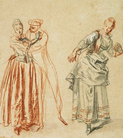 Uma cena da commedia dell "arte: Uma garota resistindo aos avanços de um comediante e uma atriz executando um passo, c.1718 de Jean Antoine Watteau