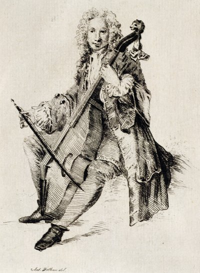 Violoncelista, de Jean Antoine Watteau (1684-1721), gravura, França de Jean Antoine Watteau