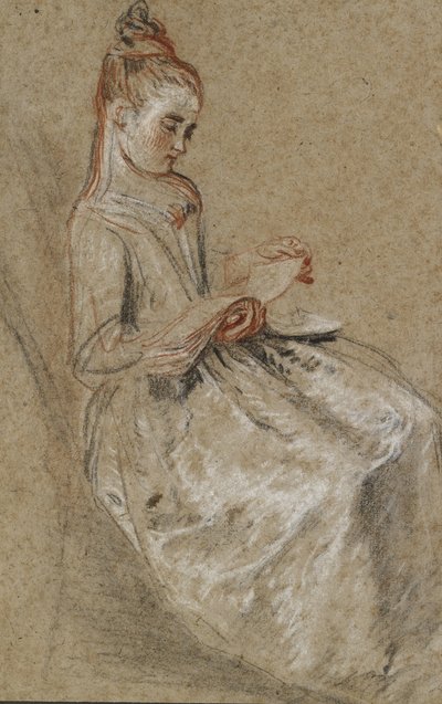 Menina sentada com um livro de música no colo (preto, vermelho e branco gizes em papel marrom de textura grossa) de Jean Antoine Watteau