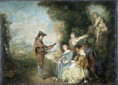 A Lição de Amor (cena galante dans un jardin, avec statue et musicien) - Pintura de Jean Antoine Watteau (1684-1721), óleo sobre madeira (44 x 61 cm) de Jean Antoine Watteau