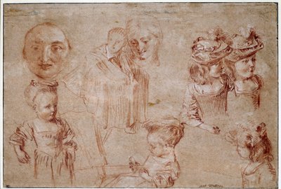 Pierrots Maske, fünf Mädchen im Brustbild, ein Mann im Umhang und ein Frauenkopf von Jean Antoine Watteau