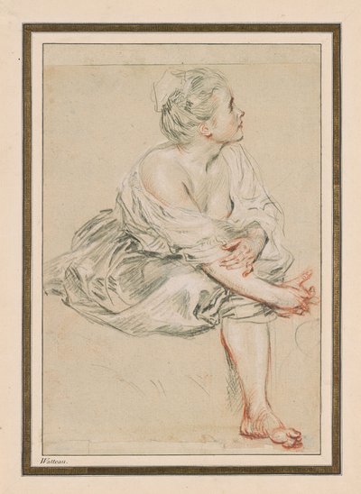 Mulher Jovem Sentada, c. 1716 (giz preto, vermelho e branco no papel) de Jean Antoine Watteau