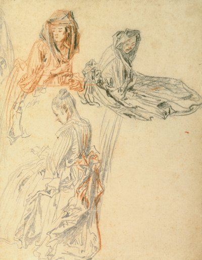 Estudos de três mulheres sentadas, c.1716-18 (giz no papel) de Jean Antoine Watteau