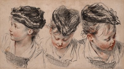 Três estudos de cabeça de uma rapariga de chapéu (giz preto e vermelho, grafite, marca de água com letras) de Jean Antoine Watteau