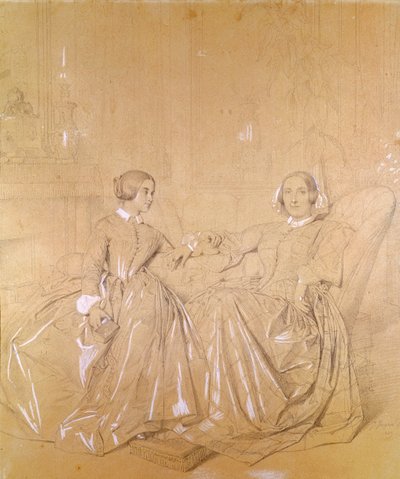Condessa Charles d&39;Agoult (1805-76) e sua filha Claire d&39;Agoult, maio de 1849 (lápis com giz branco sobre papel) de Jean Auguste Dominique Ingres